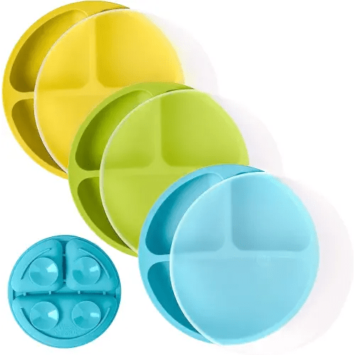 WeeSprout Suction Plates with Lids for Babies & Toddlers - 100% Silicone, Dinnerware Stays Put, Divided Design for Picky Eaters, Microwave & Dishwasher Friendly, 3 Pack