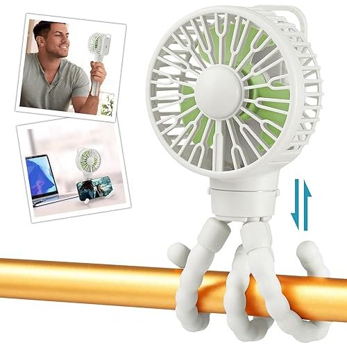 snawowo Mini Portable Stroller Fan, Battery Operated Personal Small Handheld Fan with Flexible Tripod, 3 Speed Rechargeable Clip On for Car Seat Crib Treadmill Travel Camping White