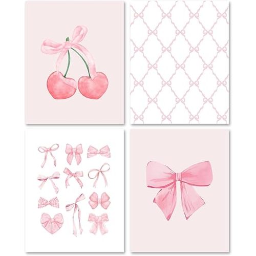 Foritho Coquette Pink Bow Preppy Girly Wall Art Prints 8x10 Set of 4, Coquette Preppy Room Decor, Trendy Pink Bow Ribbon Cherry Wall Decor Pictures Posters for Girls Dorm Room Apartment, Unframed