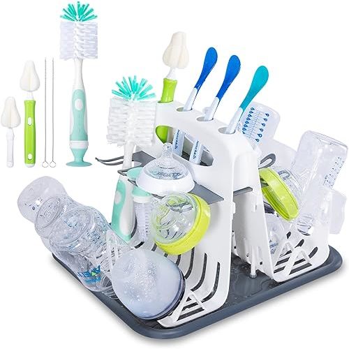 High Capacity Drying Rack with 5pcs Brushes, Deluxe Countertop Drying Rack, Universal Drying Station, Baby Bottle Drying Rack with Bottle Brushes, Cup and Bottle Drying Rack, White