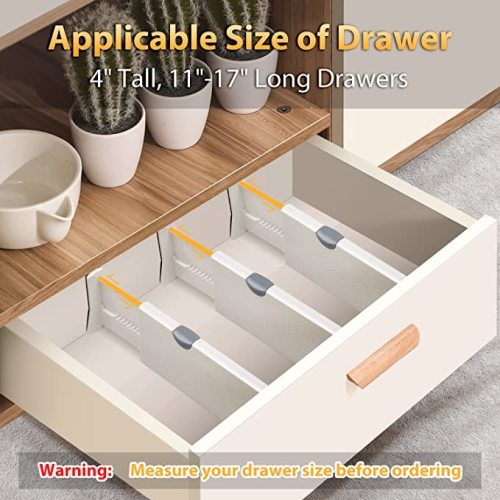 JONYJ Drawer Dividers Organizer 6 Pack, Adjustable Separators 4" High Expandable from 11-17" for Bedroom, Bathroom, Closet, Clothing, Office, Strong Secure Hold, Foam Ends, Locks in Place - White - 4" Tall, 11"-17" Long, 6 Pack