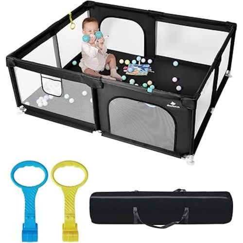 71" x 59" Extra Large Baby Playpen for Babies and Toddlers, Safe Activity Center with Soft Play Fence, Indoor Safety Yard, Easy to Assemble and Clean (Black)
