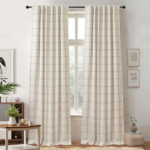 DriftAway 2 Panels 100% Blackout Windowpane Plaid Linen Curtains Double Layer Drapes for Bedroom 96 Inches Long Farmhouse Thermal Insulated 3.25 Inch Rod Pocket Back Tab for Living Room Loden Green