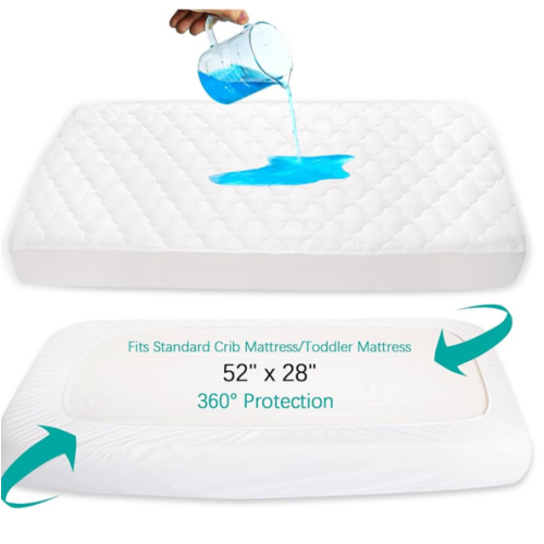 Crib Mattress Protector Sheets Fitted Waterproof Crib Mattress Pad Cover, Noiseless & Machine Wash 100% Absorbent Crib/Toddler Mattress Protector Sheet Quilted, White, 52" x 28"