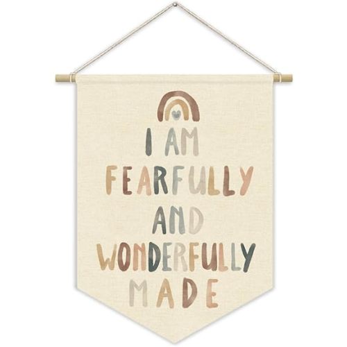 Christian Nursery Wall Art Canvas Banner,Fearfully and Wonderfully Made,Bible Verses Wall Hanging Pennant Flag Canvas Banner for Kids Wall Art Playroom Classroom Baby Kids Bedroom 15x11in