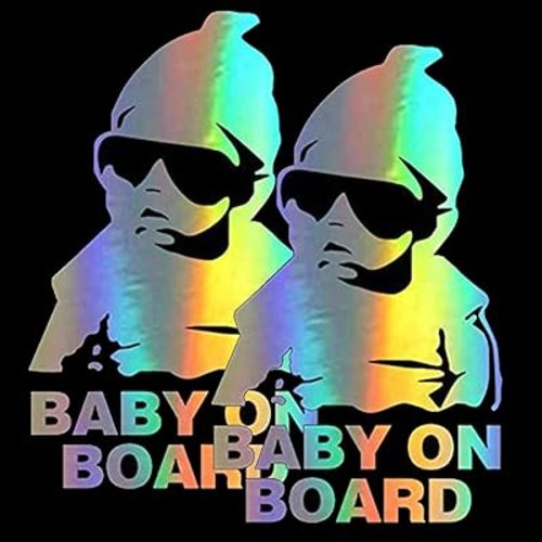 HungMieh Baby on Board Stickers for Car Safety, Funny Carlos from The Hangover Decals for Mailbox Windows (Holographic Silver, Pack of Two)