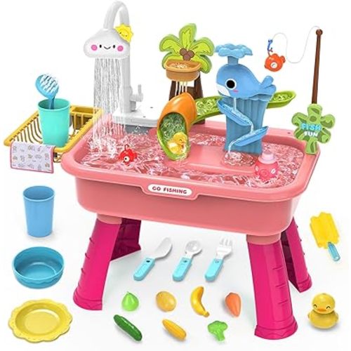 Water Table for Toddlers 1-3,Water table with pump,Toy Kitchen Sets for kids ages 4-8, Play Sink with Running Water & Electric Faucet,Includes Play Vegetables, Tableware & Fishing Game (Pink)