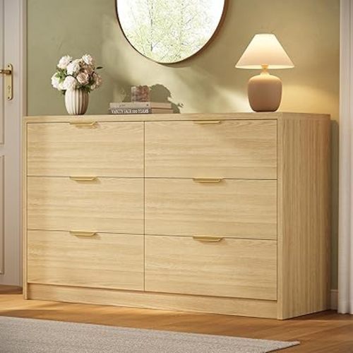 MapleGrace 53" Wide 6 Drawer Dresser for Bedroom, Modern Simple Wood Dresser Chest of Drawers Closet Store Organizer for Living Room, Hallway (Light Oak, 5.4" D x 53.1" W x 30.9" H (6 Drawers))