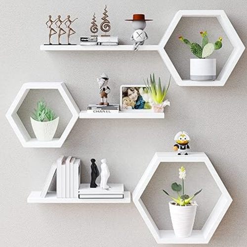 Wooden Hexagon Floating Shelves Wall Mounted - Set of 6 Pine Wood Hexagon Shelves Display for Photos,Plants,Rustic Honeycomb Shelves for Living Room, Bedroom,Bathroom, Kitchen, Office, White.
