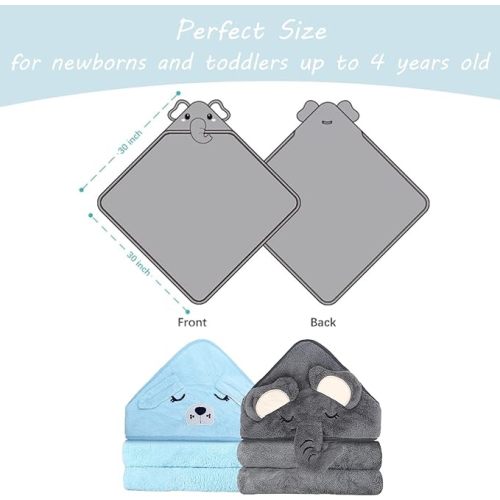 2 Pack Hooded Baby Towel - Premium Soft Bath Towel for Bathtub for Babie, Newborn, Infant - Ultra Absorbent, Natural Baby Stuff Towel for Boy and Girl (Elephant, Dog)