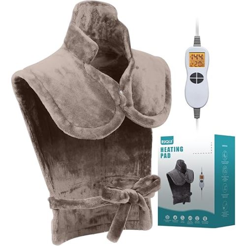 26" x 35" Flannel Neck&Shoulder&Back Heating Pad with 12 Temperature Settings&Countdown Timer, Pain Relief for Back/Neck/Shoulders/Menstrual Pain, Christmas Gifts for Women Men Mom Dad(Light Tan)