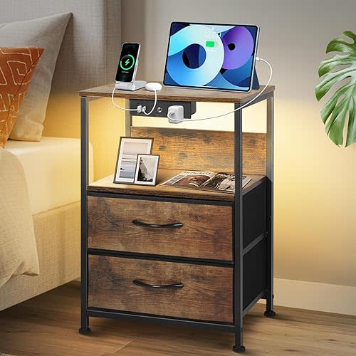 Nightstand with LED Dimmable Light & Charging Station, Narrow Bed Side Table with 2 Fabric Drawers, 2 USB Ports & AC Outlets, 3-Tier End Table with Storage Shelves for Bedroom, Living Room