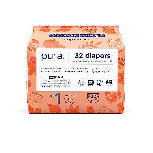 Pura Size 1 Eco-Friendly Diapers (4-11lbs) Hypoallergenic, Soft Organic Cotton Comfort, Sustainable, Wetness Indicator, Allergy UK Certified. Newborn 1 Pack of 32 Baby Diapers