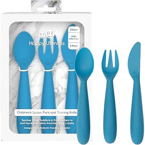 ezpz Happy Utensils - 24 Months+ (Blue) - BPA Free Toddler Utensils - Fork, Spoon and Knife for Toddlers and Preschoolers - Kids Utensils for Self-Feeding Development