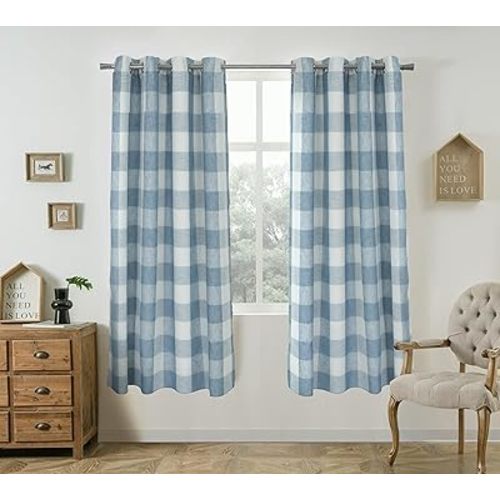 DriftAway Buffalo Plaid Check Curtains Woven Plaid Pattern Lined Blackout Thermal Insulated Window Curtain Grommet 2 Layers 2 Panels 52 Inch by 63 Inch Dusty Blue