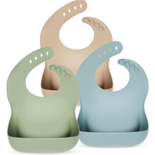 PandaEar Set of 3 Silicone Baby Bibs Waterproof, Soft, Unisex, 10-72 Months (Brown/Blue/Green)