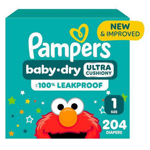 Pampers Diapers - Baby Dry - Size 1, 204 Count, Absorbent Disposable Infant Diaper (Packaging May Vary)