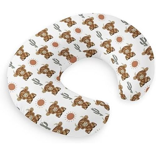 HawSkgFub Highland Cow Boho Cactus Sun Nursing Pillow Cover for Baby Boy Girl, Western Hyland Cattle Themed Breastfeeding Pillow Slipcover, Cow Lover Nursing Pillowcase for Newborn Infant, Cover Only