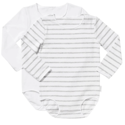 BONDS Wonderbodies Long Sleeve Bodysuit 2 Pack | BY4QA | New Grey Marle Stripe & White