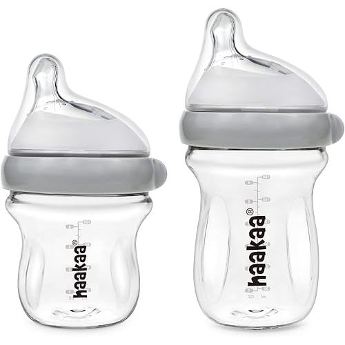 haakaa Gen.3 Natural Glass Baby Bottle Set 4.2oz & 6oz - Wide Neck Anti-Colic Slow Varibale Flow Nipple, 0M+ 3M+ 6M+ Breastfed Babies