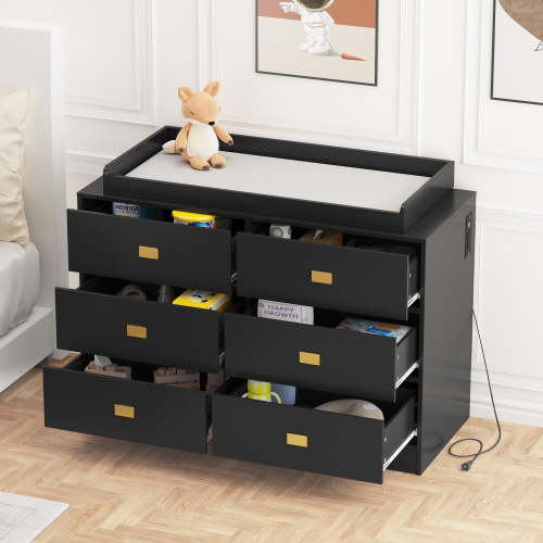 Huloretions Baby Dresser,Dresser for Baby Nursery,Baby Changing Table Dresser with 6 Drawers,Children's Bedroom Dresser with Power Outlets,Changing Pad & Removable Top