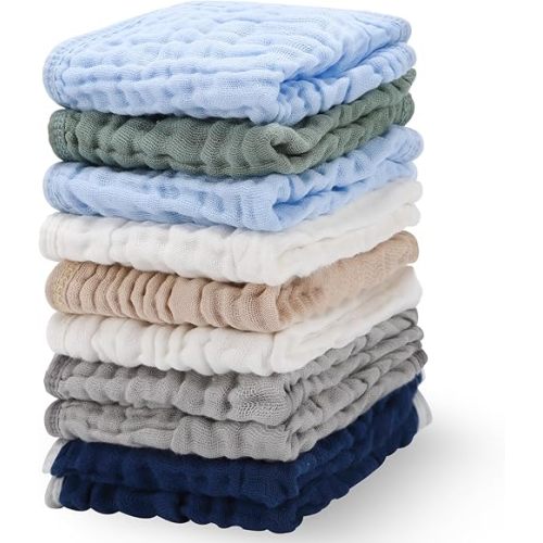 Synrroe 10 Pack Muslin Cotton Baby Washcloths – 12×12 Inches Soft & Absorbent Newborn Face Body Towels – Multicolor Baby Wash Cloths, Registry Essentials