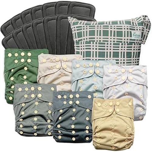 7-Pack Reusable Cloth Diapers with AWJ Interior – Includes 14 Absorbent Inserts and 1 Wet Bag – Adjustable, Waterproof, and Washable (Serene Sands, Charcoal Inserts)