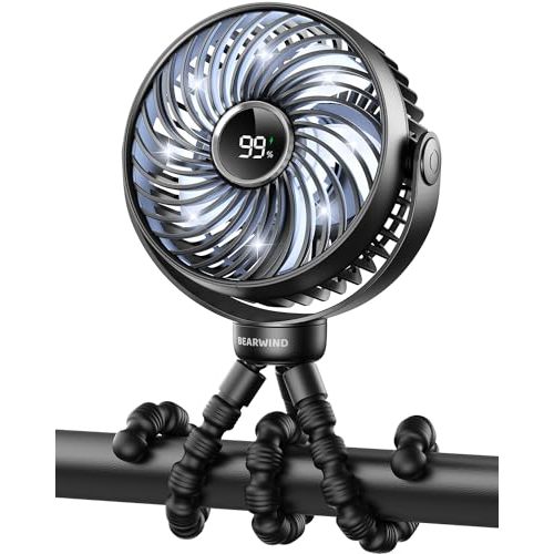 Bearwind Portable Stroller Fan for Travel, LED Night Light Clip on Fans Operated by Rechargeable Battery, Cordless Fan with Tripod Car Seat Baby Pram (Black)