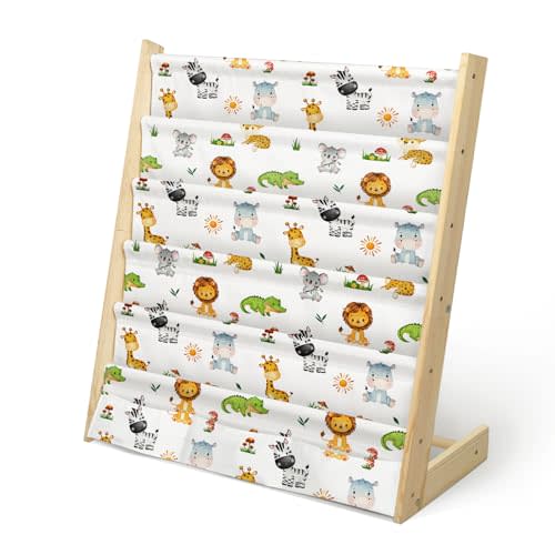 wooshwa Kids Bookshelf 5 Tier Wooden Toy and Book Storage Organizer 3 Pockets Toddler Sling Book Rack with Deep Sleeves for Baby Playroom Nursery Bedroom (Woodland Animals)