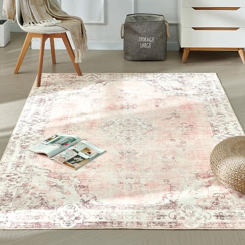 BRICHOEE Vintage Machine Washable Area Rug 5x7 Light Pink/Multi Low-Pile Indoor Floral Print Carpet Non Slip Printed Persian Boho Rug for Living Room