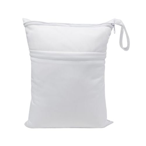 babeine Wet Dry Bag for Baby Cloth Diapers, Waterproof Reusable with Two Zippered Pockets Travel Beach Pool Daycare Soiled Baby Items Yoga Gym Bag for Swimsuits or Wet Clothes(White)