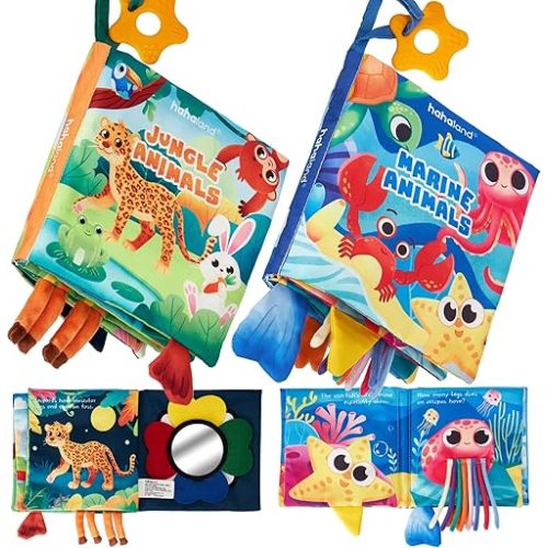 hahaland Baby Books Toys 0 3 6 12 Months - Set of 2, Baby Soft Crinkle Cloth Books Sensory Toys for Babies, Baby Boy Girl Gifts for 0 Months+