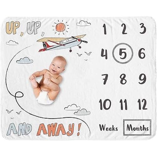 Sweet Jojo Designs Vintage Airplane Boy Milestone Blanket Monthly Newborn First Year Growth Mat Baby Shower Memory Keepsake Gift - Grey Yellow Orange Red White Blue Airplanes Transportation Cloud