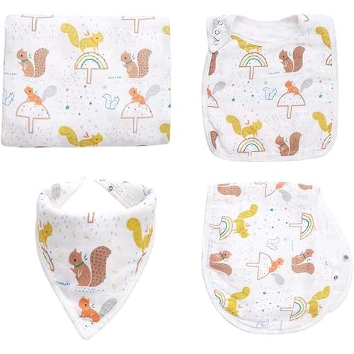 4pc Squirrel Muslin Swaddle Blanket, Bibs and Burp Cloth Set for Baby Boys and Baby Girls - Soft, Beathable, and Multi-Purpose Receiving Blanket.