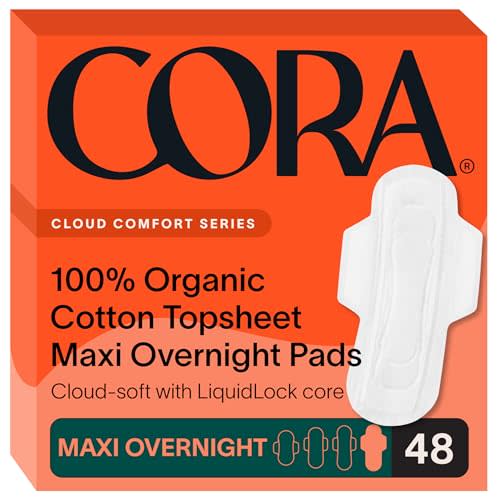 Cora 100% Organic Cotton Topsheet Maxi Pads | Ultra Thin Period Pads with Wings | Maxi Overnight Absorbency | Unscented, Comfortable, Powerfully Absorbent, Leak Protection (48 Count)