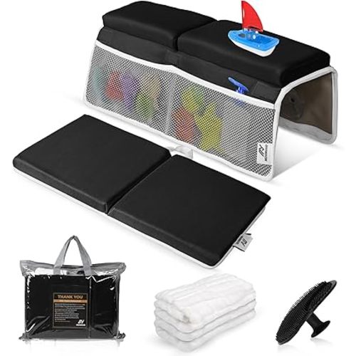 Baby Bath Kneeler & Elbow Rest Pad – Extra Thick Foam Pads for Comfort | Non-Slip, Machine Washable with Mesh Pockets & Suction Cups | Bonus Baby Brush & Washcloth – Thoughtful Gift for New Parents