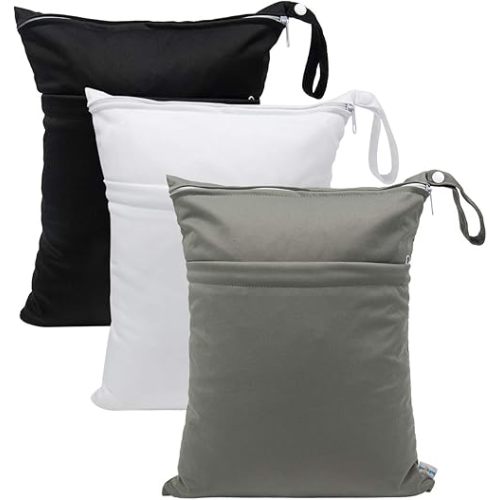 Babygoal Wet Dry Bags for Baby Cloth Diaper Bag Organizer, Washable Travel Bags Diaper, Beach, Pool, Gym Wet Bag Diaper for Swimsuits & Wet Bags Clothes with Two Zippered Pockets 3 Pack L-BWG-CA