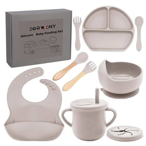 100% Silicone Baby Feeding Set,BPA Free Baby Dishes Set with Suction Bowl Divided Plate,Toddler Self Feeding Dish Set with Spoons Forks Sippy Cup and Bib, Baby Eating Utensils (Lilac)