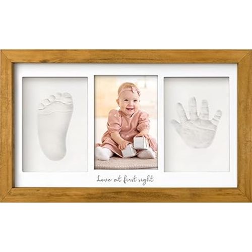 Baby Hand and Footprint Kit - Clay Handprint Keepsake Frame, Newborn Nursery Picture Frame, Personalized New Mom Gifts for Baby Shower & Registry (Golden Wheat)