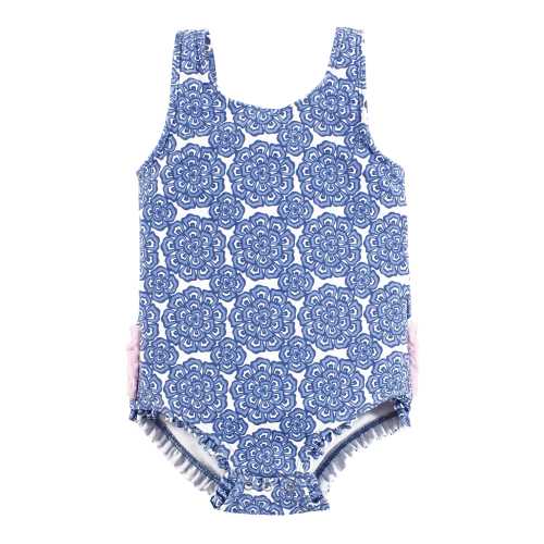 Hudson Baby Girls Baby Swimsuit, Blue Medallion Flower