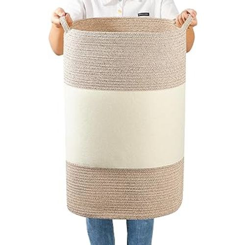 Homlikelan 90L Jumbo Woven Laundry Hamper,17" x 17" x 24" Extra Large Laundry Basket for Blanket Storage,Tall Baby Nursery Hamper for Toys in Bedroom,Living Room Brown&White