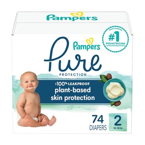 Pampers Baby Diapers - Pure Protection - Size 2, 74 Count, for up to 100% Leakproof, Premium Plant-based Skin Protection