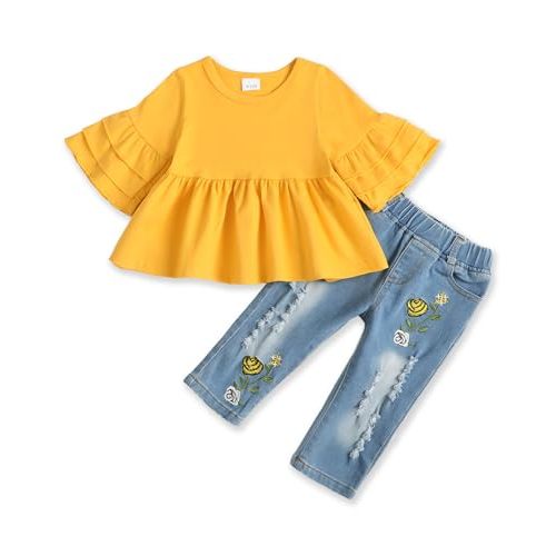 NZRVAWS Baby Girl Clothes Toddler Girl Outfits Infant Ruffle Shirt Denim Ripped Jeans Cute Clothing Set