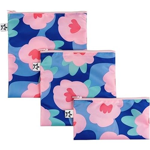 Tiny Twinkle 3 Pack Reusable Snack Bags - Machine Washable, PFAS, PVC, BPA, Phthalate-Free Reusable Baby and Toddler Food Safe Snack Bags (Blue Floral)
