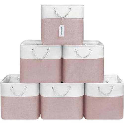 13x13 Inch Cube Storage Bins with Reinforced Bottom Cardboard, 6 Pack Large Collapsible Fabric Storage Cubes with Handles for Shelf, Closet, Toy, Laundry Organization (White&Pink)