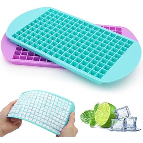 Mini Ice Cube Trays Set of 2-160 Small Ice Cubes Silicone Mold for Whiskey, Cocktails, Water Bottles - BPA Free Flexible & Stackable Ice Maker (Cyan&Purple)