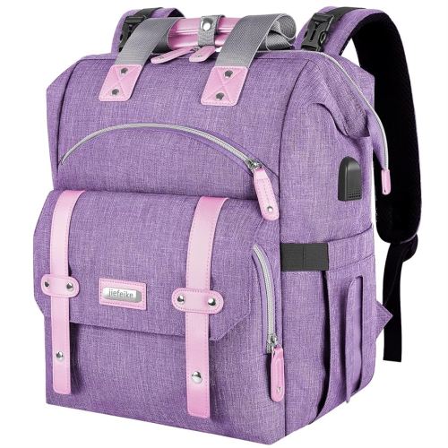 Jiefeike Diaper Bag Backpack,Purple baby bag for Mom Dad Girls Boys,15.6inch baby girl diaper bag with Insulated Pockets,USB Charging Port,RFID Anti-Theft Water-Resistant Pocket