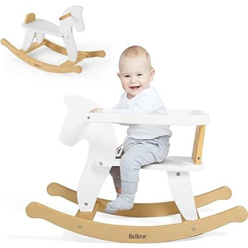 Wooden Rocking Horse for Toddler 1-3 Year Old, Baby Wood Ride-on Toys with Removable Fence for Indoor & Outdoor Activities, Boys & Girls Rocking Animal for Birthday Pink