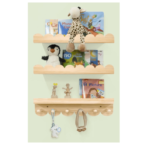 Nursery Shelves for Wall with Hooks-Scalloped Wall Book Shelves for Bedroom Kids Set of 3, Nursery Furniture Must Have, 16 Inch, Natural