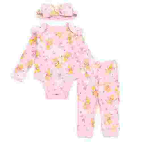 Disney Winnie the Pooh Piglet Ribbed Bodysuit, Jogger Pants and Headband 3 Piece Outfit Set Newborn to Infant